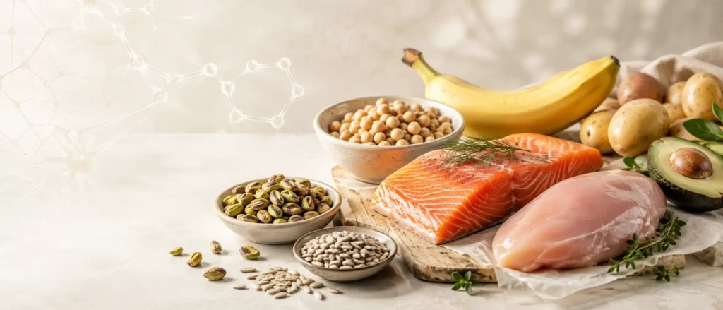 Alimentos ricos en vitamina B6 como salmón, garbanzos, pistachos y plátano.